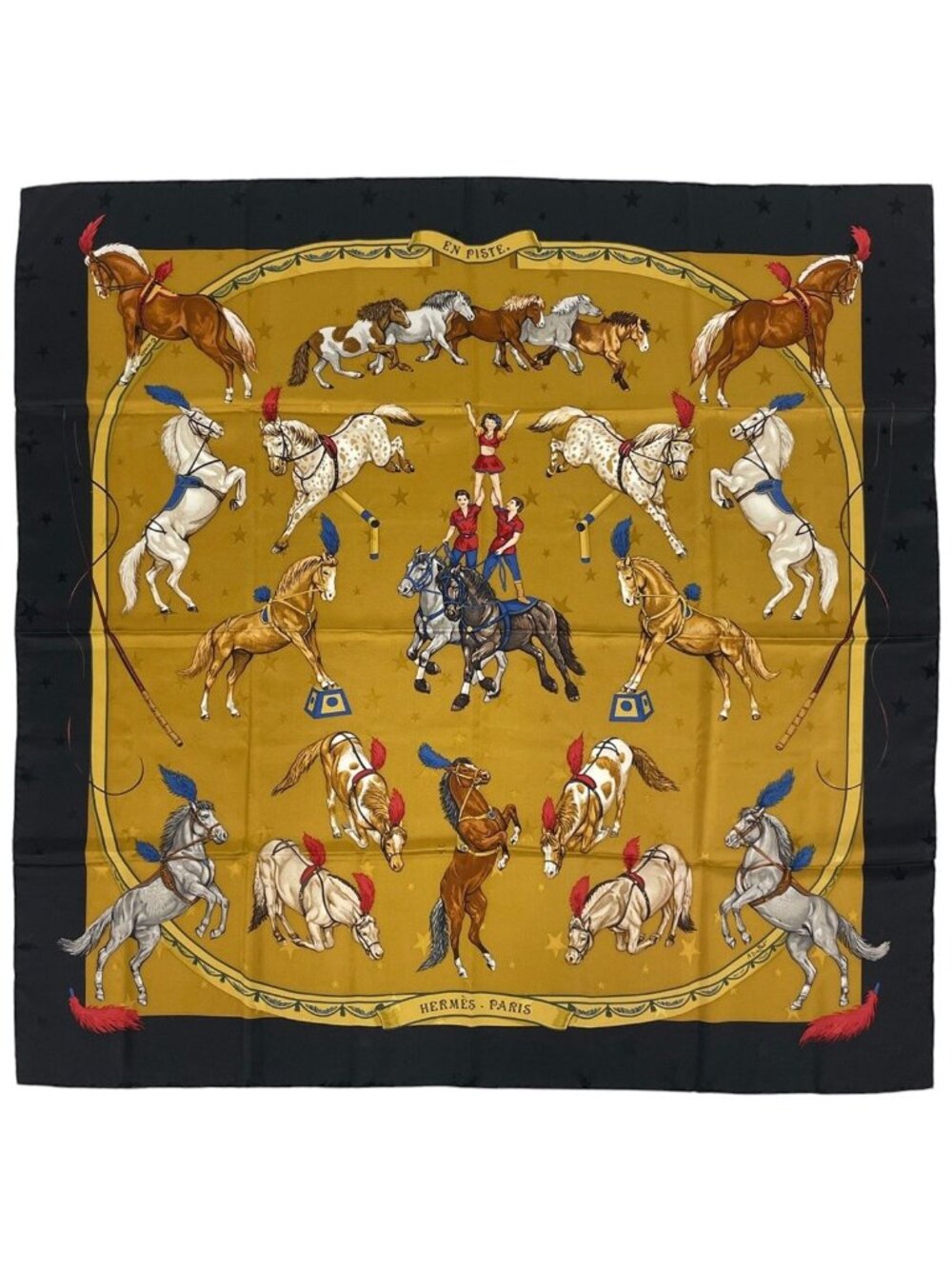 Hermes Carre 90 en Piste Scarf on Stage Silk Black Yellow